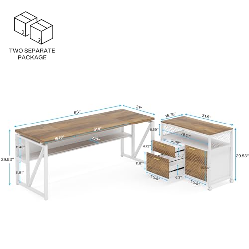 Tribesigns L Shaped Desk with Drawer,63" Executive Computer Desk and lateral File Cabinet, 2 Piece Home Office Furniture for Hanging File, Cabinet with Doors - color: Walnut, size: 63 inches