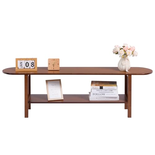 HollyHOME Bamboo TV Stand with Storage for TVs up to 65", Modern Entertainment Center with Rattan Side, Accent TV Table with 2 Shelf, Media Console TV Stand for Living Room, Bedroom, Walnut - color: Walnut Rattan Side