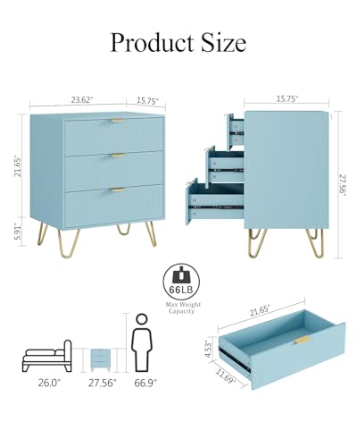 3 Drawer Dresser for Bedroom, 27.6" Modern Storage Dresser, Blue | Modern Chests of Drawers, Small Storage Bedroom Dresser with Gold Handles, Large Fluted Nightstand with 3 Drawers for Bedroom - color: Blue