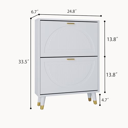 White Shoe Storage Cabinet: 24" Ultra Thin Small Shoe Cabinet | Modern Slim and Narrow Hidden Shoes Rack Organizer with Doors and 2 Flip Drawer for Entryway - size: 25"