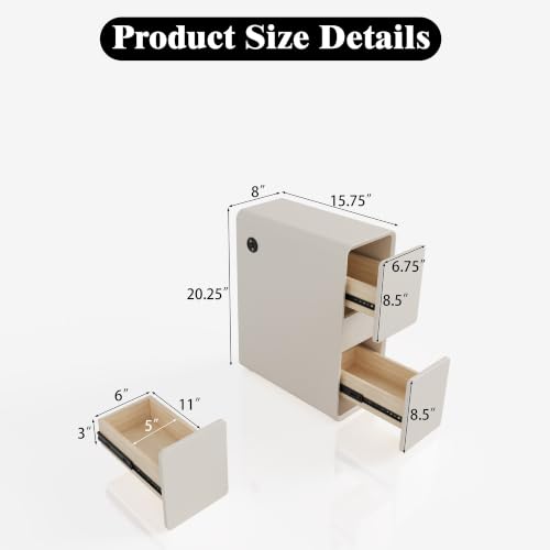 8″ Narrow Nightstand with 2 Drawers, Faux Leather Bedside Table for Small Spaces, Modern Nightstand Fully Assembled, Slim End Table for Bedroom, White - color: White, size: 8''W