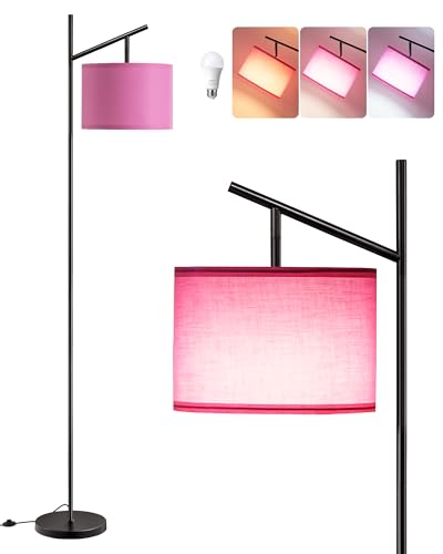 EDISHINE Pink Modern Floor Lamps for Living Room, 64.7" Arc Standing Lamp | 3CCT LED Bulb Included, Adjustable Linen Shade, Foot Switch, Tall Light for Office, Bedroom, Living Room - color: Pink Shade