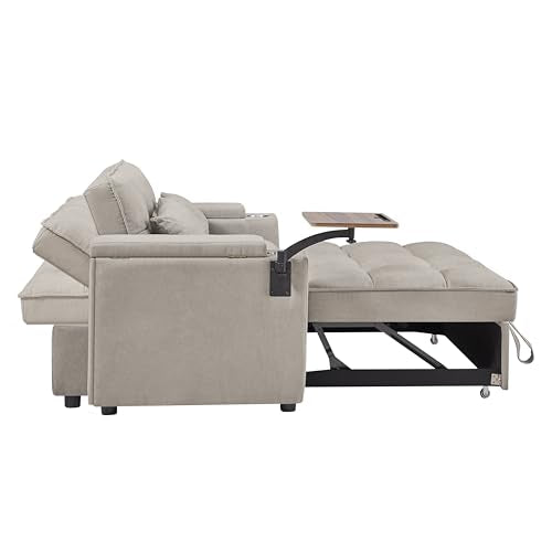 65" Cloud Couch Sleeper Sofa Bed with USB Charging Port & Side Pocket, Chenille Fabric Pull-Out Sofa with Thick Cushions, High Resilience Foam & Pillows for Living Room, Apartment, Small Spaces - color: C-brown