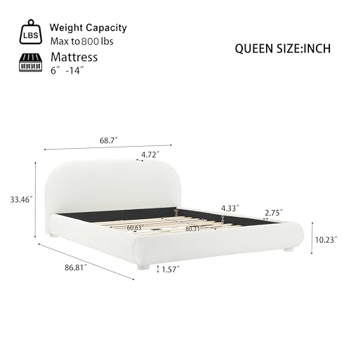 Queen Size Cream Style Fabric Upholstered Bed, Low Profile Platform Bed Frame with Headboard, Rounded Corners Design, Wooden Slats, Noise Free, Easy Assembly - color: Cream, size: Queen