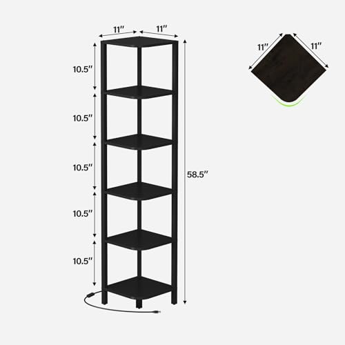 TUTOTAK Corner Shelf with LED Light, 6-Tier Corner Bookshelf | for Small Space, Narrow Display Corner Shelf Stand with Storage Rack, for Living Room, Bedroom, Black BS08BK006L - color: Black, size: 6-Tier Large With LED