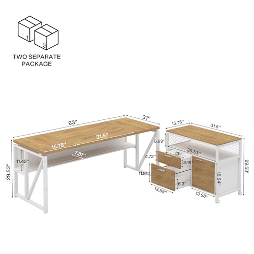 Tribesigns L Shaped Desk with Drawer Cabinet, 63" Executive Computer Desk and lateral File Cabinet, 2 Piece Home Office Furniture with Drawers for Hanging, Doors with Locks (Light Walnut, 63 inches) - color: Light Walnut, size: 63 inches