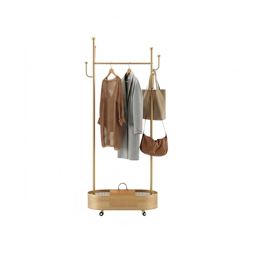 Gold Wheeled Cactus Metal Coat Rack Freestanding Garment Organizer | Double Sided, Modern Style, Powder Coated, for Entryway and Bedroom, 24x14x66.93 Inches - color: Gold