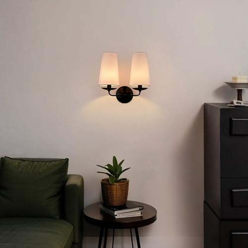 Moose Double Head Wall Sconce Black Hardwired with Fabric Shade | Industrial 2-Light Linen Classic Wall Lamp for Bedroom Hallway Living Room Bedside - color: Black, size: 1-Pack | 2-Light