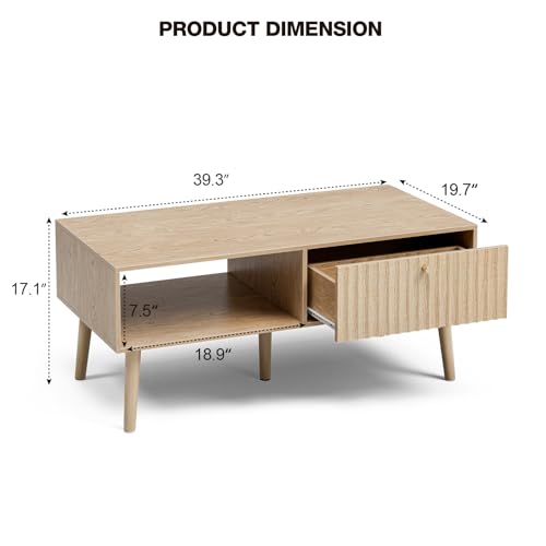 LCRBOL Coffee Table with Fluted Drawer, Modern, Oak | 39.3"W x 19.7"D x 17.1"H, 1 fluted drawer & open shelf, golden handle, 5 legs, ~45 min assembly - color: Oak(lsj011-n)