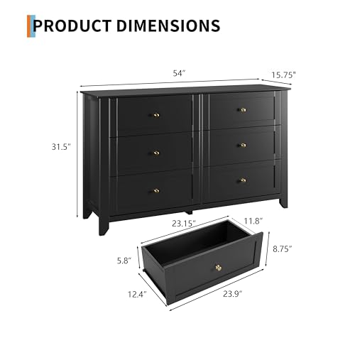IDEALHOUSE 6 Chest of Drawers for Bedroom, 54''L Drawer Dresser, Black | Simply 6 Drawer Dresser for Hallway Entryway, 15.8"D x 54"W x 31.5"H, Modern Lacquered Storage Organizer for Living Room - color: Black, size: 15.8"D x 54"W x 31.5"H (6 Drawers)