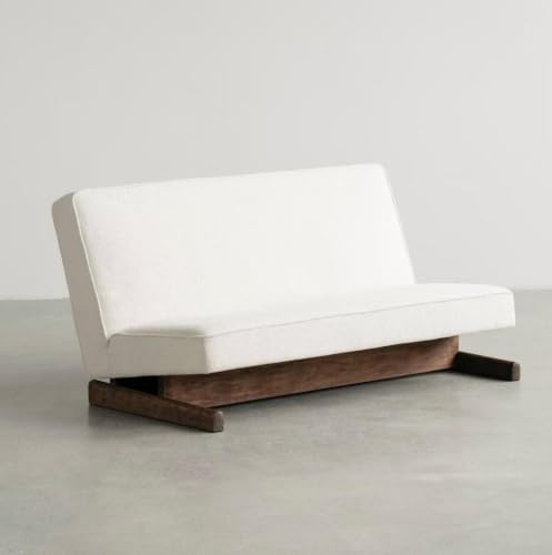 White Armless Loveseat Sofa, Solid Wood Sled Base 2 Seat Lounge Sofa, Low Profile Upholstered Bench Couch for Living Room, Bedroom, Reception Area, Studio and Reading Space