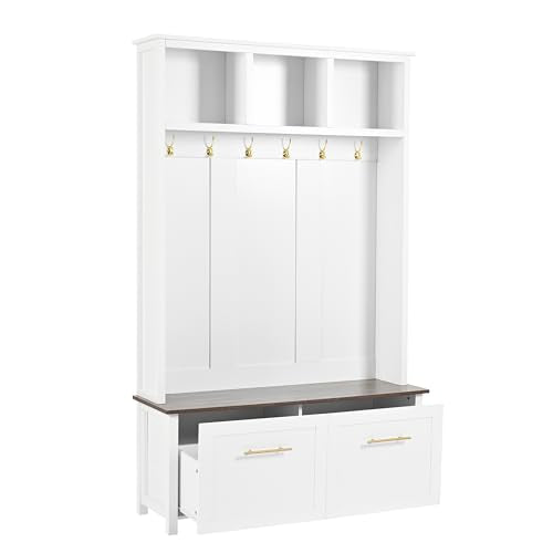JIVOIT 4-in-1 Entryway Hall Tree with Brown Wood Grain Storage Bench, Wood Entryway Coat Hanger Hall Tree with 6 Golden Hooks, 2 Drawers, Coat Rack for Living Room, Hallway (White/31) - color: White/31
