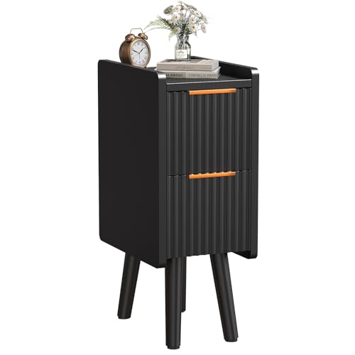 ELYKEN 7.9" Fluted Narrow Nightstand, 20.6" H Skinny Side Table, Black | Compact Design for Small Spaces, 2 Drawers, Modern Black Finish, Perfect as Bedside Table, End Table or Sofa Side Table - color: Black-1 Pcs