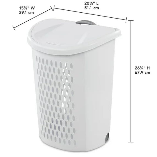 Wheeled Plastic Laundry Hamper,Adult-Sized White Rolling Basket, Large Capacity, Easy-Clean for Home/Laundry Room/Dorms