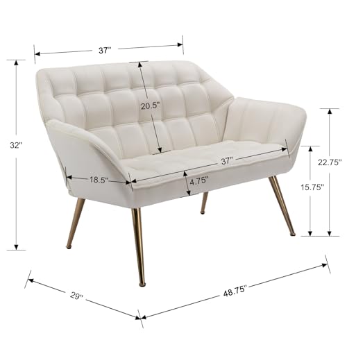 48" Small Loveseat for Small Spaces, Modern Sherpa Mini Sofa Couch 2-Seater Velvet Love Seat with Quilting Back and Gold Legs for Living Room/Bedroom, Cream - color: Cream
