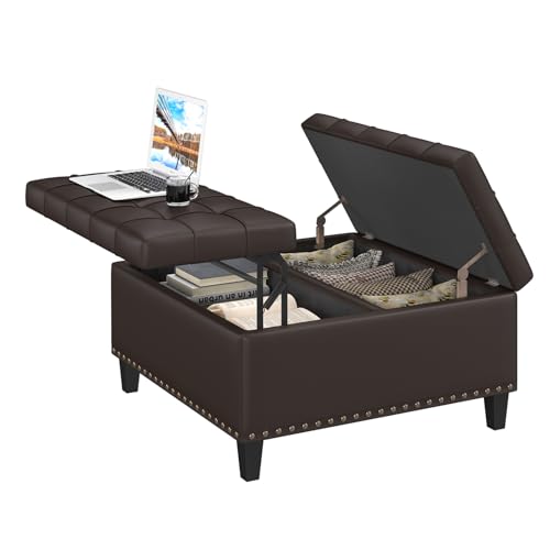 FiveWillowise 31.5 Inch Large Square Ottoman with Storage,Faux Leather | Coffee Table Storage Ottoman Bench with Lift Top Upholstered Footrest Stool Toy Box for Bedroom Living Room,Chocolate - color: Chocolate