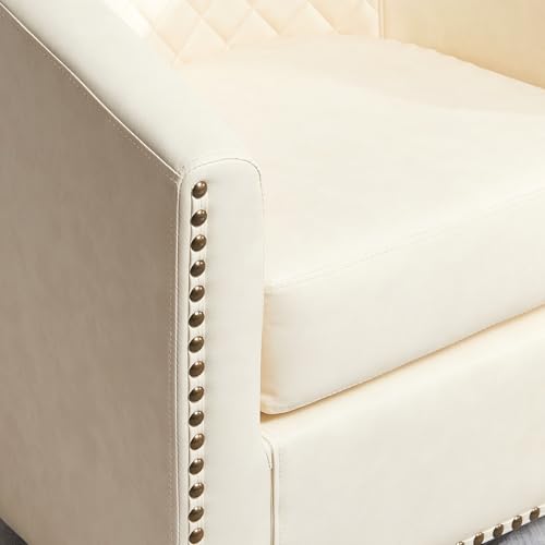 KINWELL 29" W Faux Leather Tufted PU Swivel Barrel Accent Chair, Cream | No Assembly Vegan Leather Upholstered Swivel Club Chair with Nailhead Trim, Modern Armchair for Small Spaces Apartment - color: Cream, style: Set of 1
