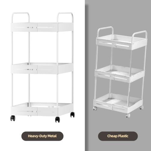 Extendable 3 Tier Heavy Duty Metal Utility Cart for Bath, White | Adjustable Storage Slim Cart | with 360° Swivel Wheels Cart | Detachable | Perfect for Laundry, Kitchen, Office, Garage - color: White