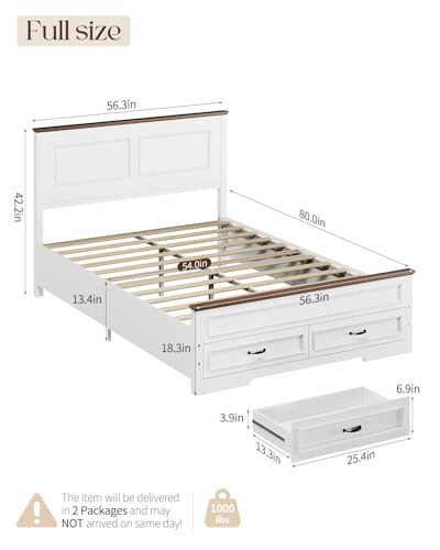 Yoobure Farmhouse Full Size Bed Frame - Platform Bed Frames with Headboard, Wood Beds with Storage Drawers, Wooden Double Bedframe with 18" Tall Footboard, No Noise, No Box Spring Needed, White - size: Full