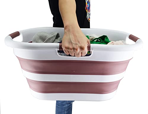 SAMMART 40L (10.5 gallon) Collapsible Plastic Laundry Basket - Foldable Pop Up Storage Container/Organizer - Portable Washing Tub - Space Saving Hamper/Basket (1, White/Dusky Pink) - color: White/Dusky Pink