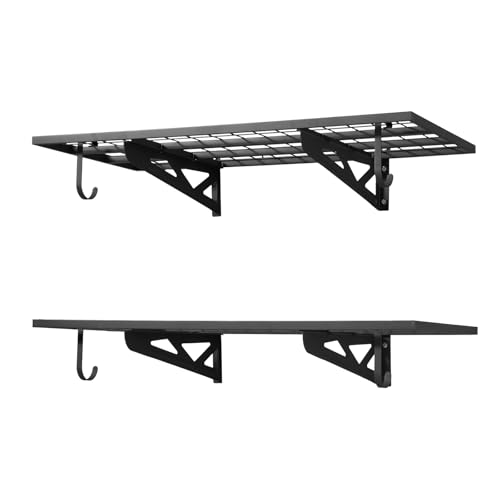 VEVOR 2-Pack Heavy Duty Garage Wall Shelving, 2 x 4 ft Steel Wall Mounted Shelving Unit with Hooks, 24 x 48 Inch Per Shelf Floating Storage Metal Rack for Garage, 500 lbs Total Weight Capacity - size: 2×4 ft