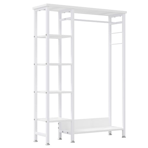 VECELO Open Garment Clothing Rack, Free-Standing Heavy Duty Storage Closet with 5 Shelves and Hanging Rod for Small Spaces, Max Load 350LBS, White - color: White