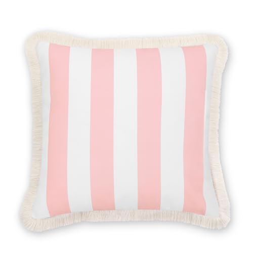 Hofdeco Premium Coastal Patio Indoor Outdoor Pillow Cover Only, 20"x20" Water Repellent for Backyard, Couch, Blush Pink Stripe Fringe - color: Blush Pink Stripe 20"x20"