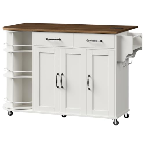 Kitchen Island with Power Outlet & Drop Leaf, Kitchen Rolling Island with Rotating Organizer, Kitchen Island Cart with Storage Cabinet, Mobile Island Table for Kitchen, White and Walnut - color: White + Walnut