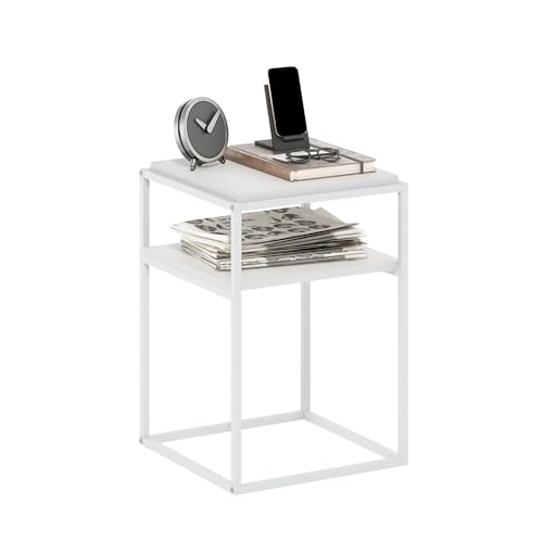 2-Tier Stackable Metal Frame End Table, Toolless Assembly Bedside Table, Night Stand with Open Shelf, Side Table, for Bedroom, Living Room, Solid White - color: Solid White/White