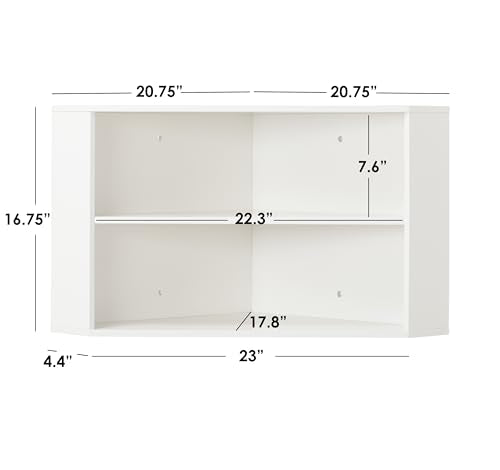 Modern Floating Desk Hutch, Wall Mounted Corner Storage with 2 Shelves, Antique White