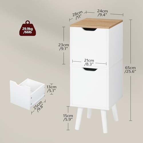 MAHANCRIS Narrow Nightstand with 2 Drawers, Skinny End Table, Modern Wooded Bedside Table, Slim Side Table for Small Spaces, White Night Stand for Bedroom, Solid Wood Feet, Natural ETNW3601