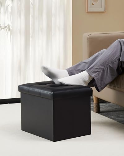 Bsketa 2PC Storage Ottoman, Folding Foot Stool with Thicker Foam Padded Seat Small Leather Storage Ottoman Bench Foot Rest for Living Room Foldable Coffee Table 17x13x13in,Black | Ottoman with Storage, Thicker Foam Padded Seat, Living Room, Dorm, Bedroom,