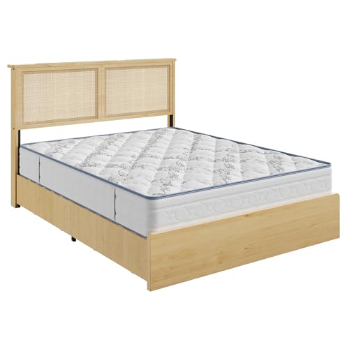 Garvee Queen Rattan Bed 4 Drawers Bohemian Headboard for Bedroom | Bohemian queen rattan bed with natural headboard, 4 drawers, LED lights,No box spring needed for bedroom use. - size: Queen(4 Drawers)