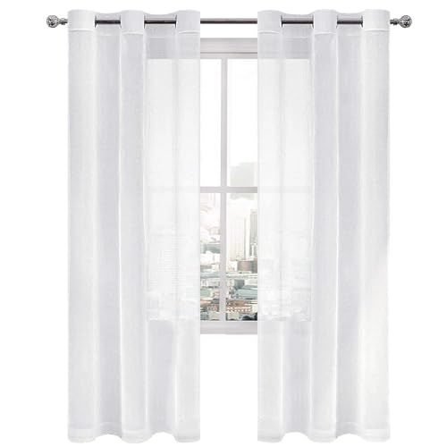 DWCN White Faux Linen Sheer Curtains - Grommet Voile Window Curtain Drapes for Bedroom Living Room 42 x 84 inch Length, Set of 2 - color: White, size: 42"W x 84"L (Pack of 2)