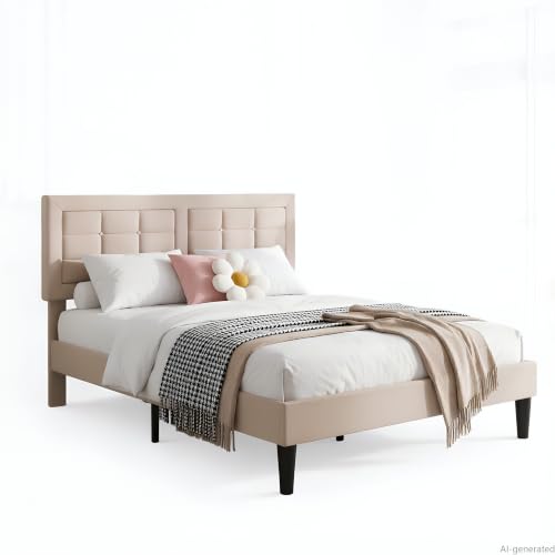 VECELO Full Size Bed Frame, Adjustable Upholstered Button Tufted Headboard, Heavy-Duty Bedframe with Wood Slats Support, No Box Spring Needed, Beige - color: Beige, size: Full, style: Bed Frame