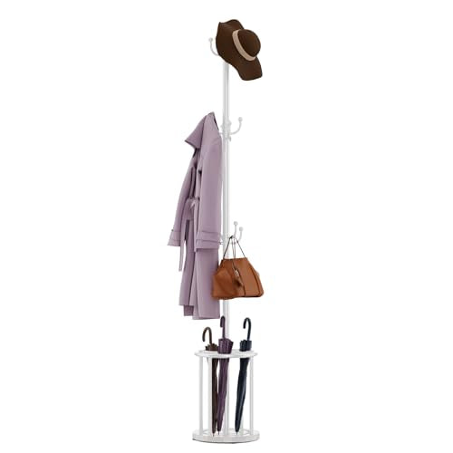 Coat Rack Freestanding, Coat Rack Stand with Umbrella Holder, Coat Tree, Coat Hanger Stand with 12 Hooks for Clothes Bag Hats, Used in Bedroom, Office, Living Room and Entryway-White - color: White