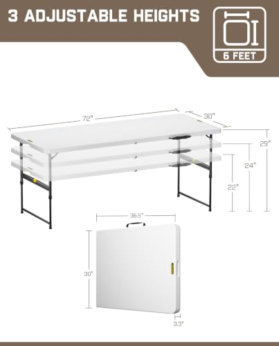 FanttikOutdoor Folding Table 6ft Quick Adjust 3 Heights Picnic Party Dining | One-Handed Adjustable Height, Fixing Lock, Carry Handle Heavy Duty Portable Fold-in-Half, Indoor Outdoor Zeta X6 Pro - color: Granite White