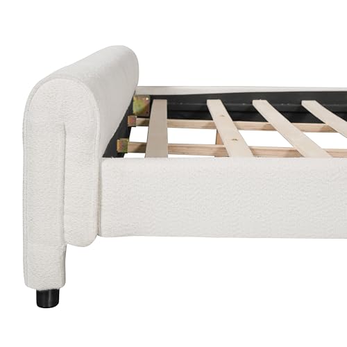 Merax Queen Size Luxury Bouclé Upholstered Bed Frame, White | Modern Curved Platform Bed with Rounded Headboard & Footboard, No Box Spring Needed, Solid Wood Slats Support, Easy Assembly - size: Queen