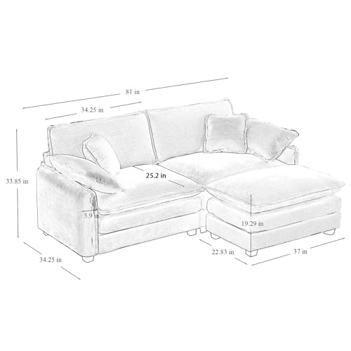 81" Corduroy Modern Loveseat Sofa, 2 Seater Sectional Couches for Living Room, Beige White Deep Seat L Shaped Modular Sectional Sofa with Ottoman, Sofá de dos plazas - color: Upgraded-beige White, size: 2 Seater + 1 Ottoman