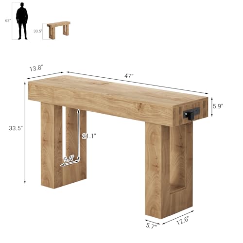 Unikito 47" Entryway Table with Socket & Sensor Light, Natural Oak | Narrow Console Table with Storage Behind Couch, Farmhouse Foyer Table with Open Storage Versatile for Entrance Living Room - color: Natural Oak, size: 47IN