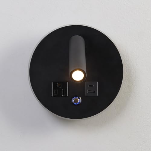 LED Round Wall Sconce with Dimmable Light, 6W+3W 3000K Night Light, Adjustable Plug-in Headboard Lamp with USB & USB-C Ports, Bedside Reading Light for Bedroom(Black) - color: Black
