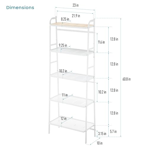 Home Zone Living Tall White Bookshelf with 5-Tier Open Display Shelves | Wide Steel Frame Design with Bamboo Accent Top Shelf - color: 5-tier Wide