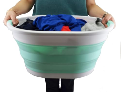 SAMMART 32L (8.4 Gallon) Collapsible Plastic Laundry Basket - Foldable Pop Up Storage Container/Organizer - Portable Washing Tub - Space Saving Hamper, Water Capacity: 24L (2, Grey+Light Green) - color: Grey+light Green