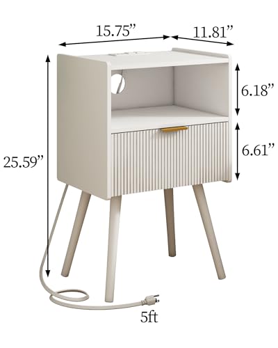 White Nightstand with Outlet,Modern Bedside Table with Storage Drawer and Open Wood Shelf, for Living Room, Bedroom and Small Spaces, Accent Night Stand with Solid Wood Legs, Easy Assembly - color: White-outlet