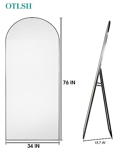 Arched Floor Mirror, 76"34" Full Length Mirror with Stand, Freestanding, Aluminum Frame - Black - color: Black, size: 34"L x 76"W
