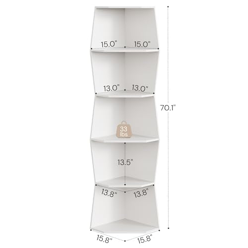 6-Tier Wavy Corner Shelf, Wooden Tall Corner Bookshelf, White | 70'' Narrow Corner Shelves, Modern Irregular Corner Bookcase for Living Room, Bedroom, Anti-tip Kit, 33lbs/Shelf - color: Pure White