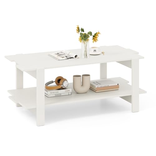 Giantex Coffee Table with Storage, 45 Inch Modern Center Table with Slatted Design & Side Rail Support, Rectangular Living Room Table for Small Spaces, White - color: White