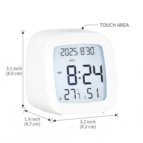 Digital Alarm Clock with Backlight, Snooze, Temp & Humidity Display,White | Time, Date & Weekday Temperature & Humidity Touch Backlight 5-Minute Snooze,Battery Operation Long Battery Life