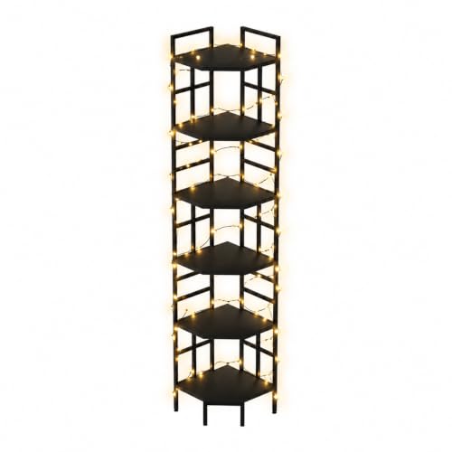 Corner Shelf, 6 Tier Industrial Corner Bookshelf Bookcase, Black | 76.8"Inch Tall,USB LED Light,Anti-Tip Protection, Plant Stand for Living Room, Kitchen, Home Office