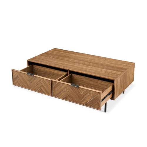 mopio Axis 47" Herringbone Walnut Coffee Table with Reinforced Slim Black Metal Legs and Handles, Industrial Design - color: Herringbone Walnut